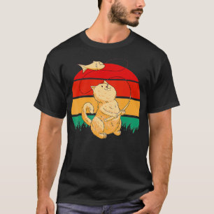 Süße Katze Fliegenfischen Retro-Sonnenuntergang Ka T-Shirt
