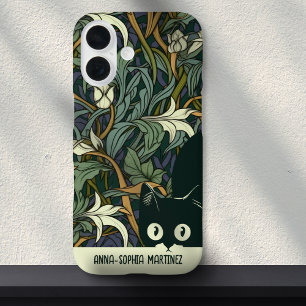Süße Katze Florale Art Nouveau Grün Blau Benutzerd iPhone 16 Hülle