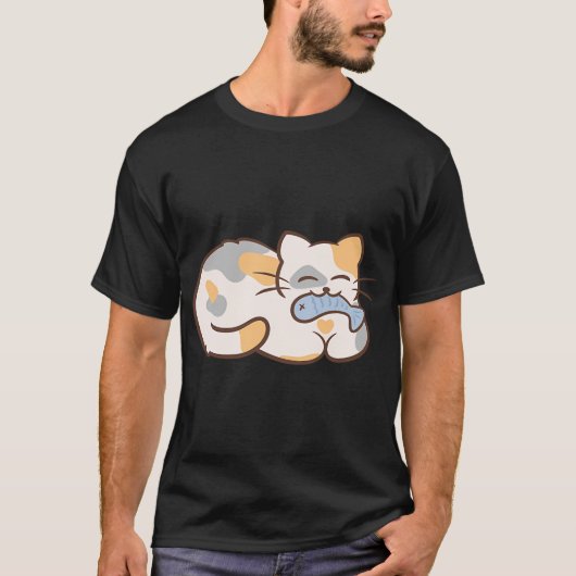 süße Katze frisst Fisch T-Shirt (Vorderseite)