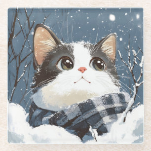 Süße Katze gemütlicher Winter Schnee Glasuntersetzer