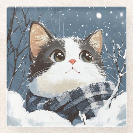 Süße Katze gemütlicher Winter Schnee Glasuntersetzer (Vorderseite)