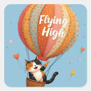Süße Katze Heißluftballon Whimsical Art Quadratischer Aufkleber