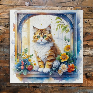 Süße Katze im Blumenfenster  Puzzle