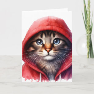 Süße Katze im roten Hoodie Aquarell-Grußkarte Karte
