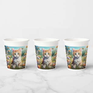 Süße Katze in einer Blumenwiese Pappbecher