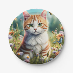 Süße Katze in einer Blumenwiese Pappteller
