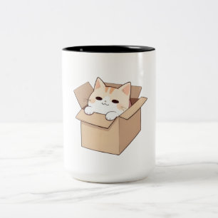 Süße Katze in einer Box Kawaii Sticker Design Zweifarbige Tasse