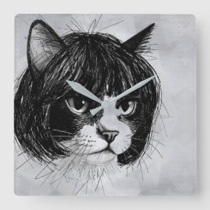 Süße Katze in einer Perücke (Stil 10 +BG) Fine Art Quadratische Wanduhr