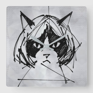Süße Katze in einer Perücke (Stil 3 +BG) Fine Art Quadratische Wanduhr