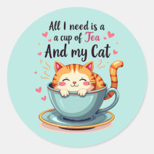 Süße Katze in Teetasse Kawaii Gemütliche Kunst Runder Aufkleber