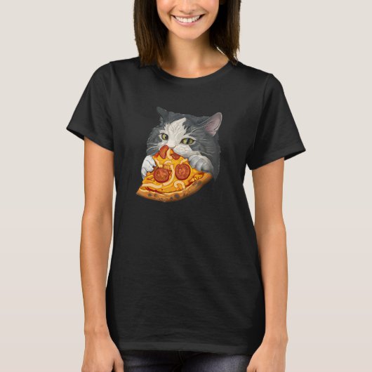 Süße Katze isst Pizza T-Shirt (Vorderseite)