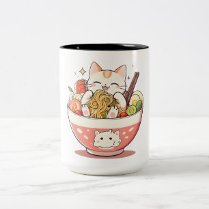 Süße Katze isst Ramen-Schüssel Kawaii-Design Zweifarbige Tasse