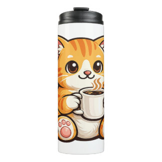 Süße Katze Kaffee – Gemütliche orange Katze trinkt Thermosbecher