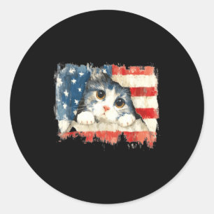 Süße Katze_Kätzchen abgenutzte amerikanische Flagg Runder Aufkleber