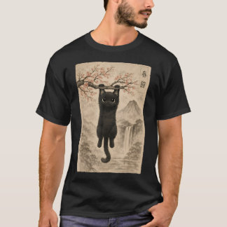 Süße Katze Kirschblüte Japanischer Edo-Holzschnitt T-Shirt