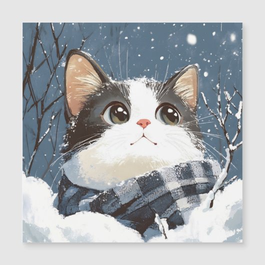 Süße Katze kuscheliger Winterschnee Magnetkarte (Vorderseite)