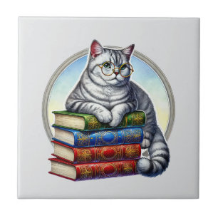 Süße Katze Lesekojen Bibliothek Bücherliebhaber  Fliese