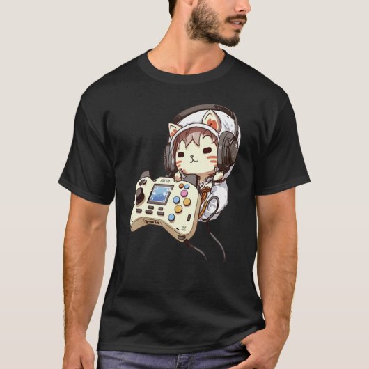 Süße Katze Lustiger Gaming-Headset-Controller Game T-Shirt (Vorderseite)