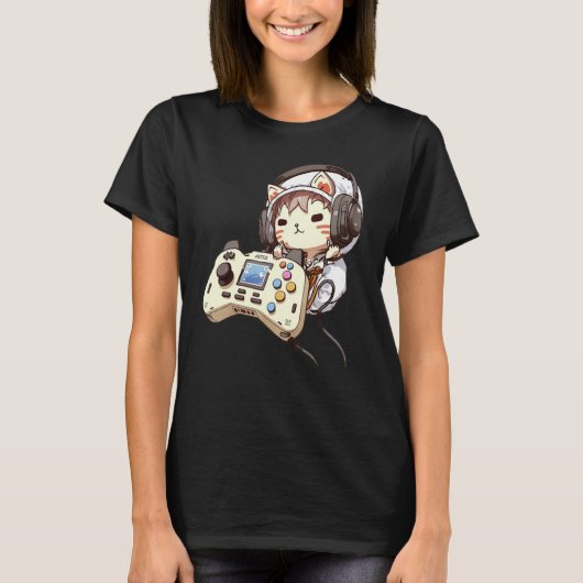 Süße Katze Lustiges Gaming-Headset-Controller-Game T-Shirt (Vorderseite)