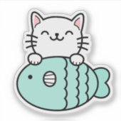 Süße Katze mit blauem Fisch Aufkleber (Vorderseite)