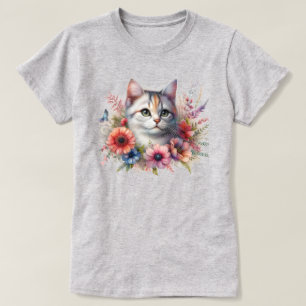 Süße Katze mit Blumen Katzenliebhaber  T-Shirt