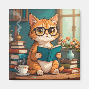 Süße Katze mit Brille liest ein Buch Magnet