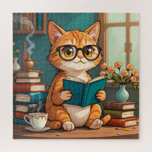 Süße Katze mit Brille liest ein Buch Puzzle