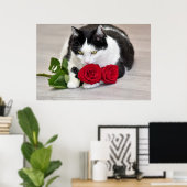 Süße Katze mit der roten Rose Poster (Heimbüro)