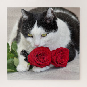 Süße Katze mit der roten Rose Puzzle