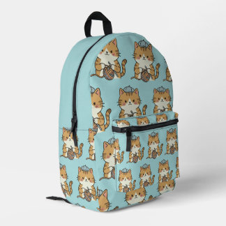 Süße Katze mit Garnball Blauem Hut Grafik Kunst Bedruckter Rucksack