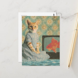 Süße Katze mit Goldfisch im Retro-Fernsehen-Collag Postkarte