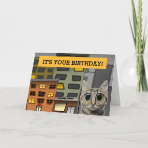 Süße Katze mit großen Augen in der Stadt, GEBURTST Karte