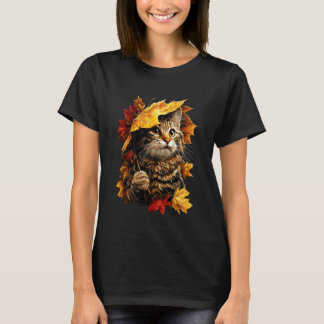 Süße Katze mit Herbstlaubschirm Herbst-Ästhetik T-Shirt