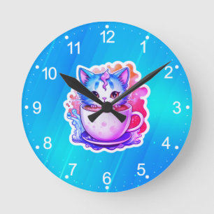 Süße Katze mit Kaffeetasse Cartoon-Design-94678 Runde Wanduhr
