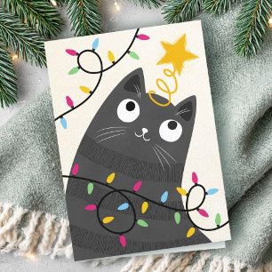 Süße Katze mit Lichtern und Christbaumspitze Weihn Feiertagskarte