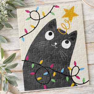 Süße Katze mit Lichtern und Christbaumspitze Weihn Puzzle