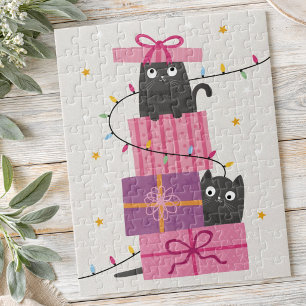 Süße Katze mit Lichtern und Weihnachtsgeschenken Puzzle