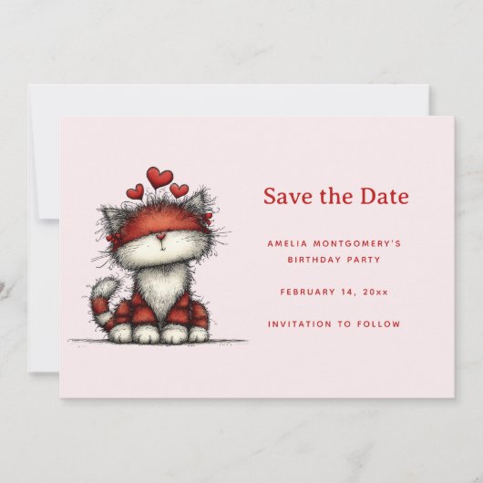 Süße Katze mit roten Liebesherzen Save The Date (Vorderseite)