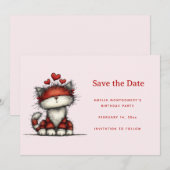 Süße Katze mit roten Liebesherzen Save The Date (Vorne/Hinten)
