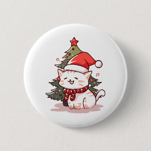 Süße Katze mit Santa-Hut neben dem Weihnachtsbaum Button