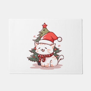 Süße Katze mit Santa-Hut neben dem Weihnachtsbaum Fußmatte