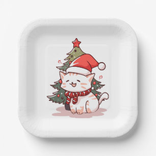 Süße Katze mit Santa-Hut neben dem Weihnachtsbaum Pappteller