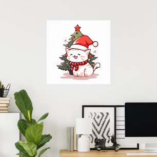 Süße Katze mit Santa Hut neben dem Weihnachtsbaum Poster