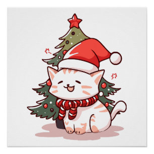 Süße Katze mit Santa-Hut neben dem Weihnachtsbaum Poster