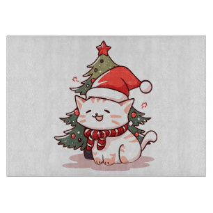 Süße Katze mit Santa-Hut neben dem Weihnachtsbaum Schneidebrett