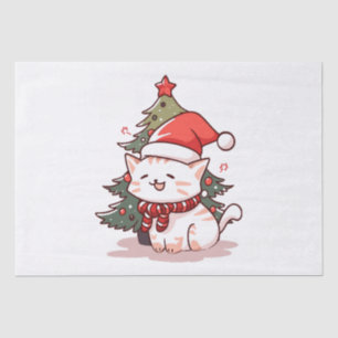 Süße Katze mit Santa-Hut neben dem Weihnachtsbaum Seidenpapier