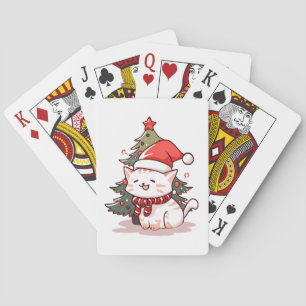 Süße Katze mit Santa-Hut neben dem Weihnachtsbaum Spielkarten