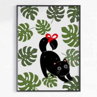 Süße Katze mit Schleife Monstera Blätter Poster