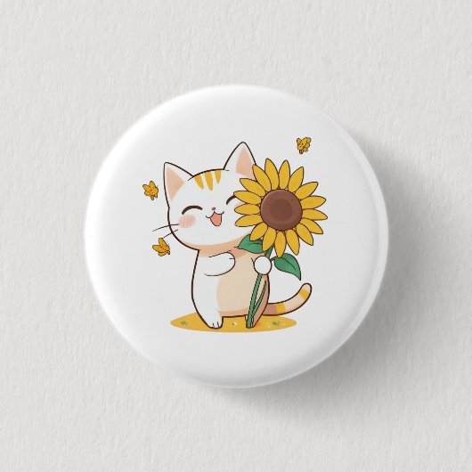 Süße Katze mit Sonnenblumen-Kawaii-Design Button (Vorderseite)