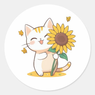 Süße Katze mit Sonnenblumen-Kawaii-Design Runder Aufkleber